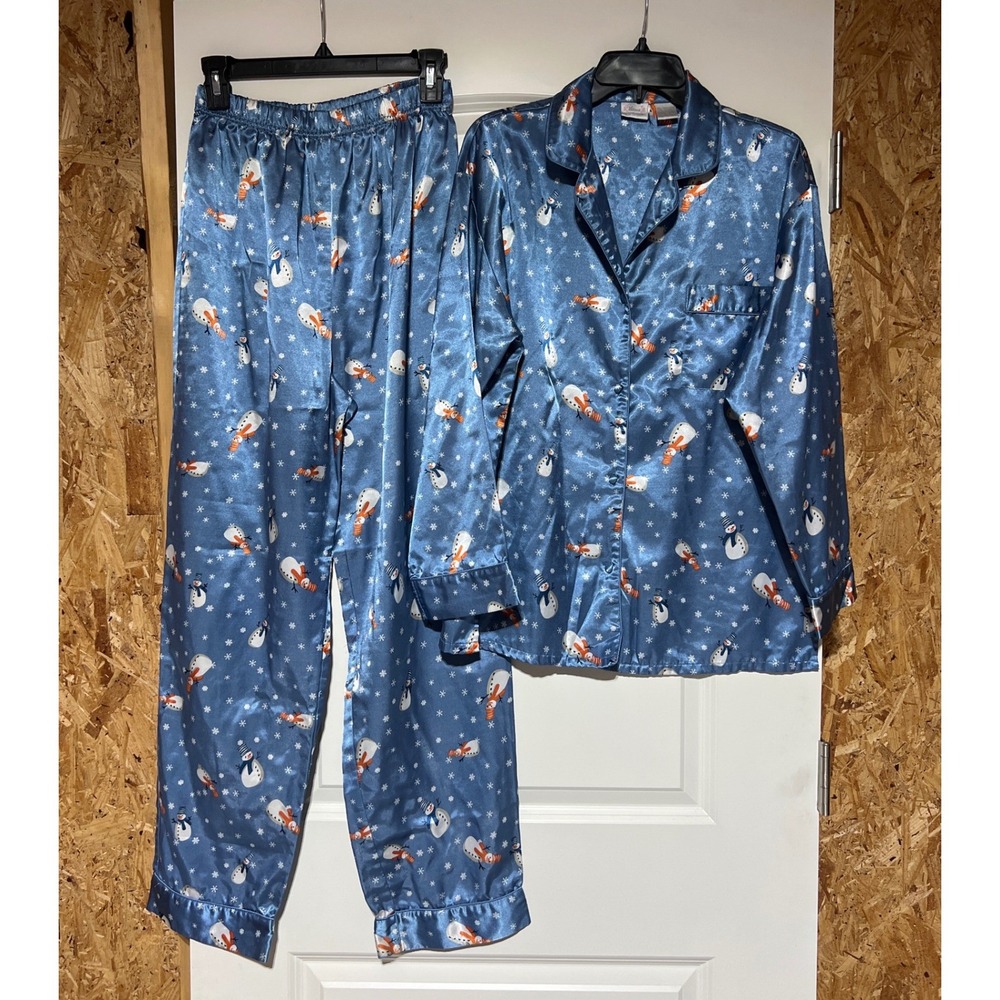 Etonne Sarah Richards Blue Satin Snowman Pajama Set Small Winter Holiday PJs